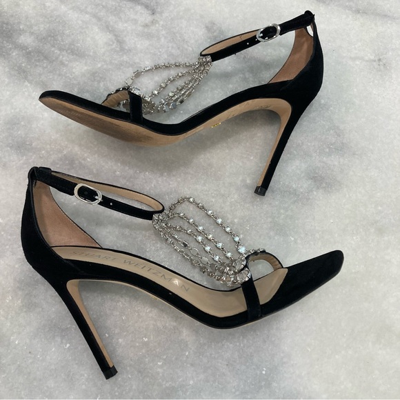 STUART WEITZMAN Stardust Black Suede Rhinestone Crystal Chain Heels Sandals - Picture 4 of 14